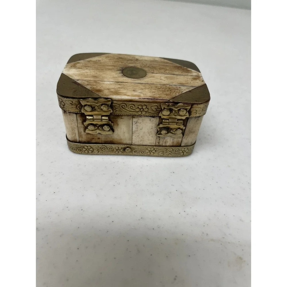 Vintage Set of 2 Handcrafted Bone & Brass Hinged Trinket Jewerly Box India‎